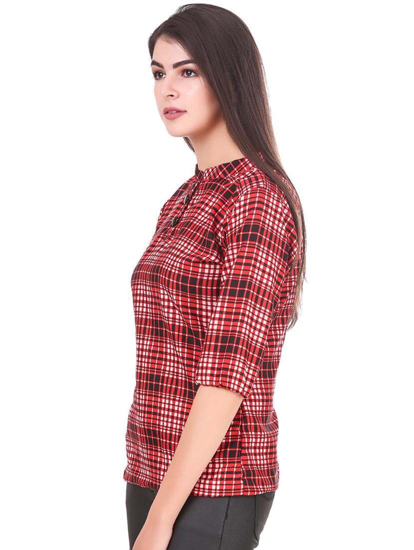 red check print mandarin neck regular top - 19875592 - Standard Image - 1