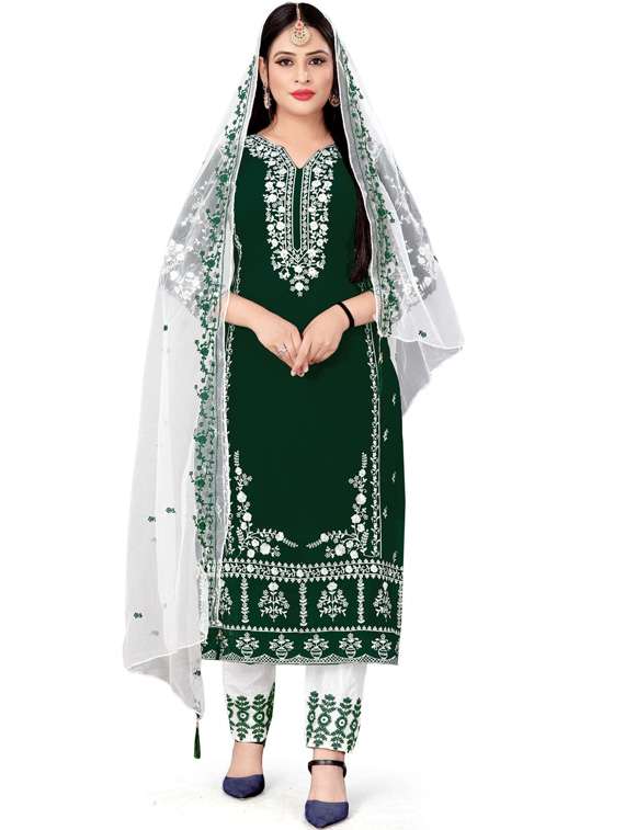 bottle green embroidered semi-stitched suit set