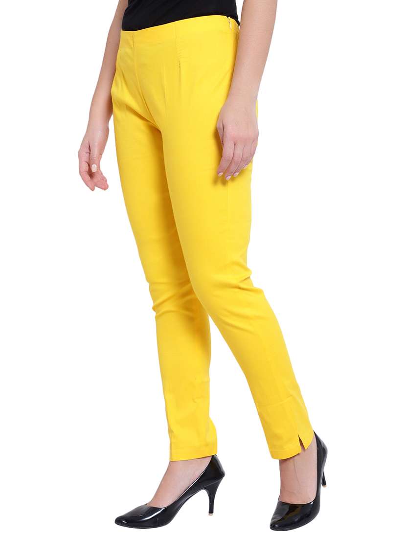 women solid yellow flat front trouser - 19876520 -  Standard Image - 1