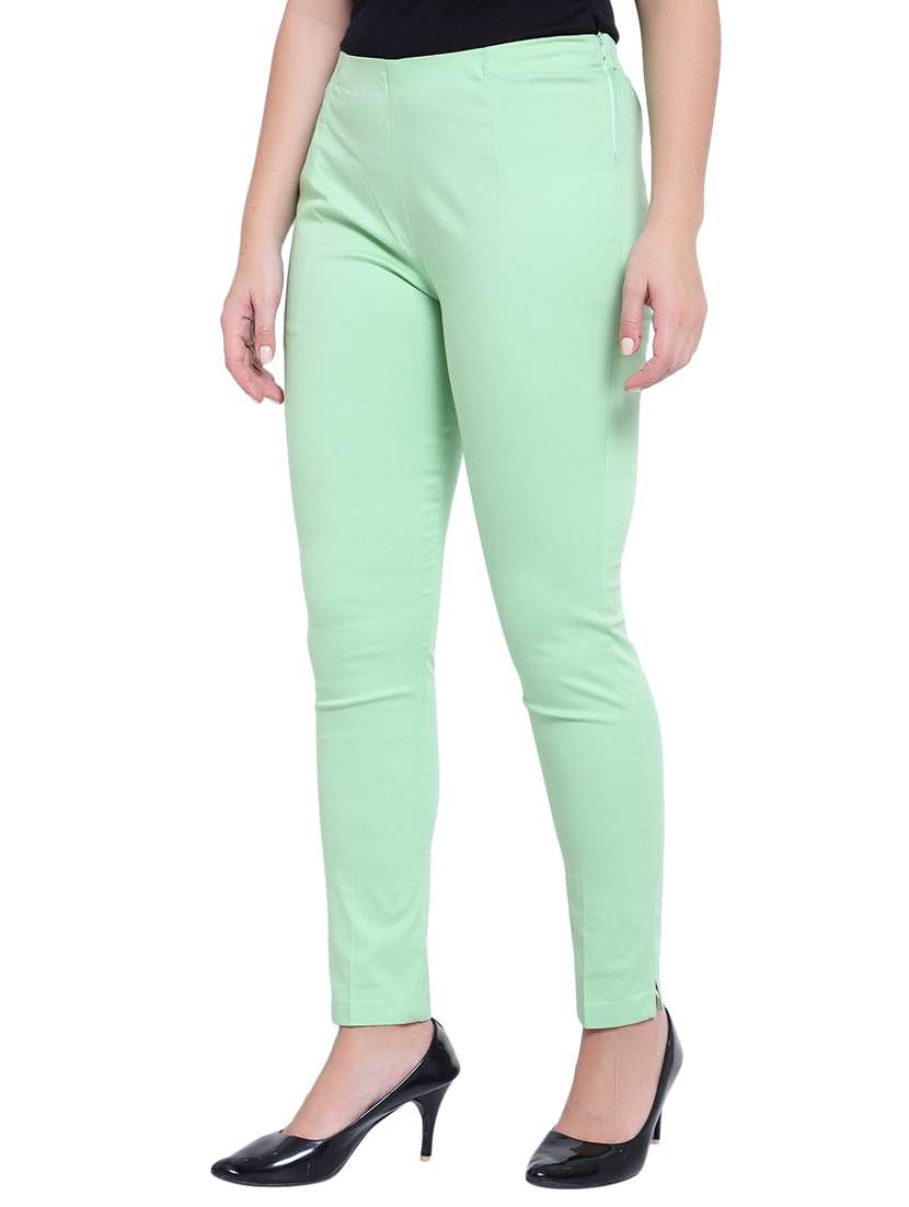 women solid green flat front trouser - 19876522 -  Standard Image - 1