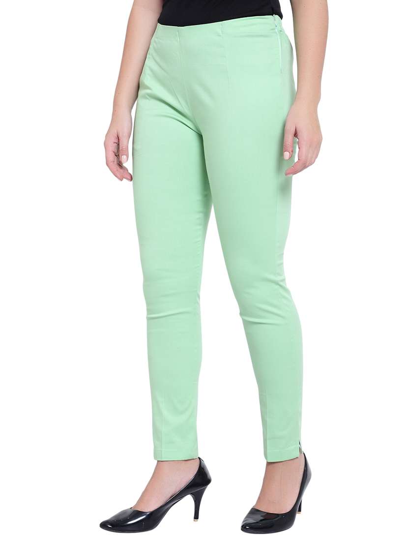 women solid green flat front trouser - 19876523 -  Standard Image - 1