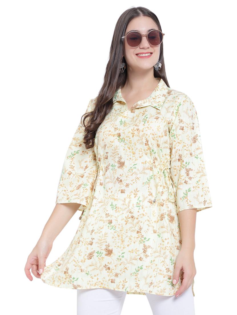 yellow floral print shirt collar regular tunic - 19876529 - Standard Image - 1