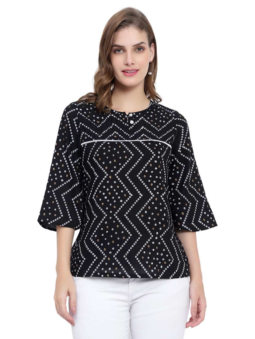 black bandhani print notch neck regular tunic