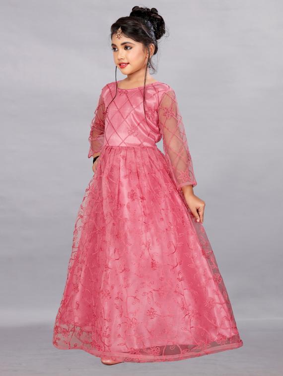 girls pink embroidered net party gown - 19877219 - Standard Image - 1