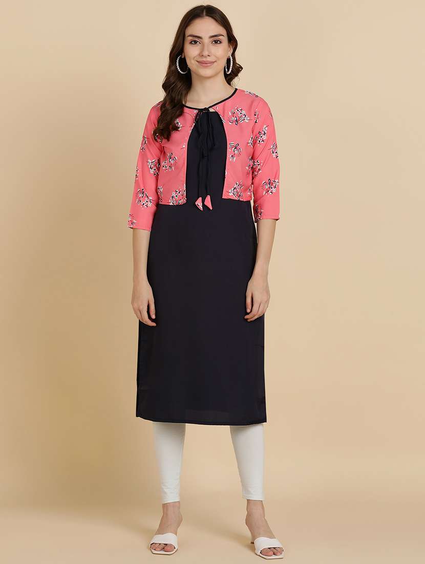 round neck printed kurta jacket set