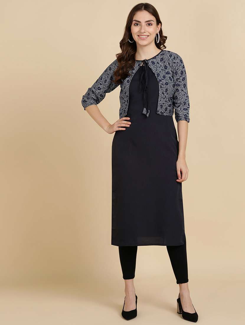 round neck printed kurta jacket set