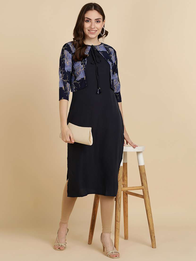 round neck printed kurta jacket set