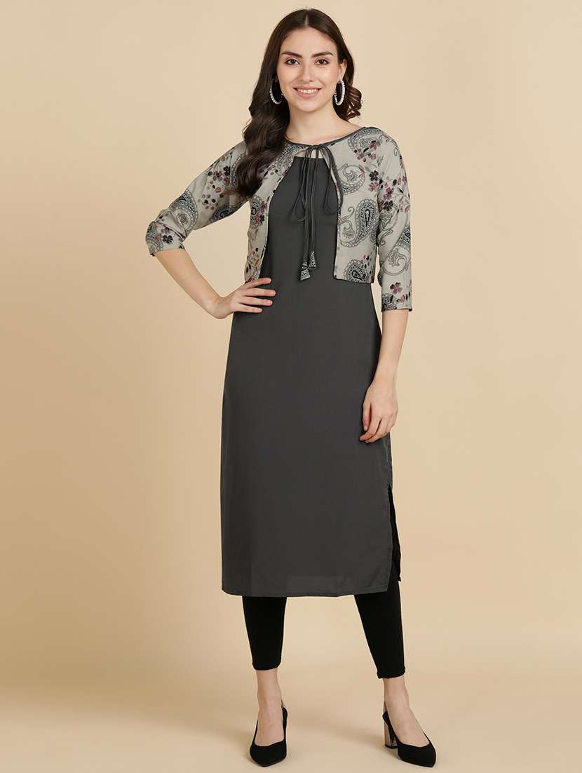 round neck printed kurta jacket set