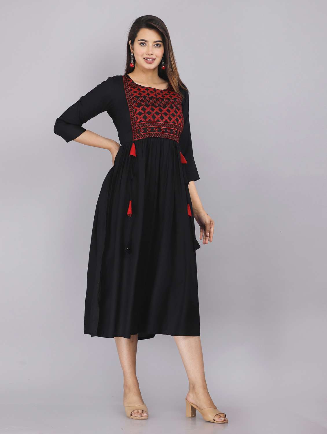 black solid rayon flared dress - 19883753 -  Standard Image - 1