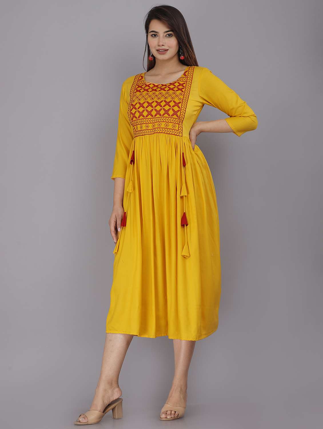 yellow rayon flared ethnic dress - 19883754 - Standard Image - 1