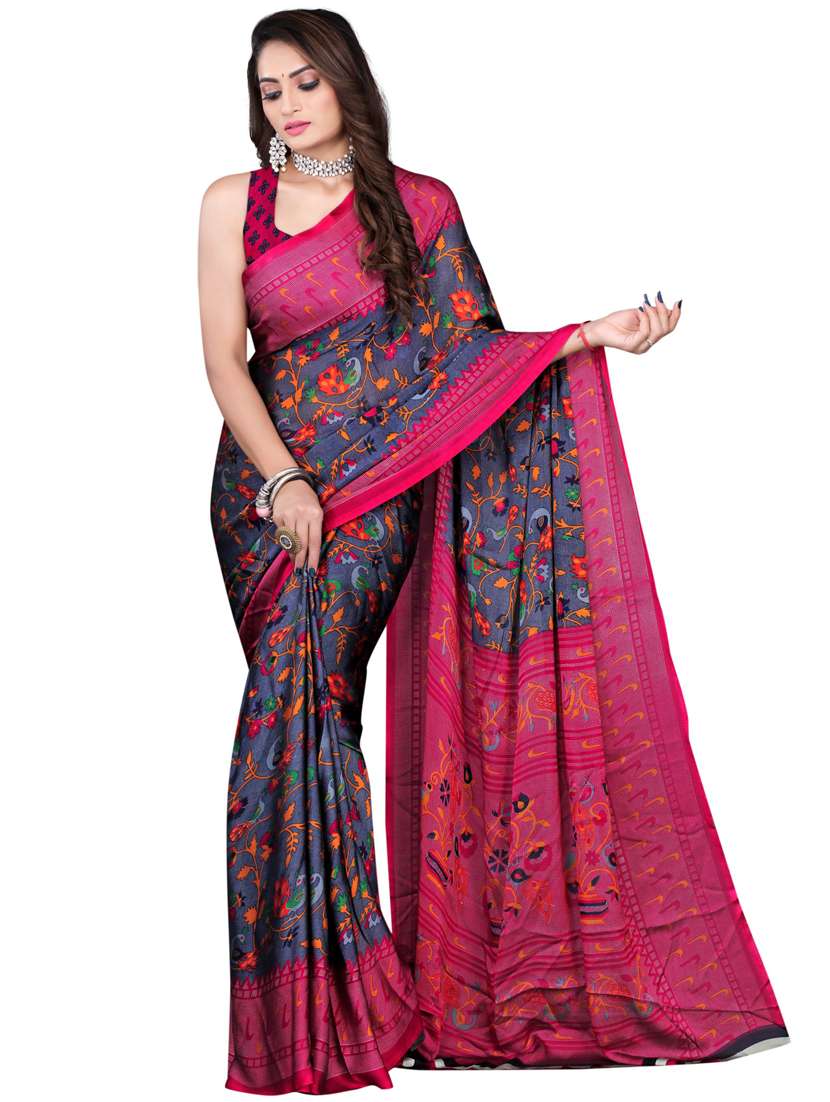 women's printed pink colored saree with blouse