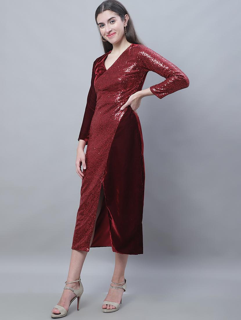maroon self designed v-neck bodycon dress with front slit - 19889912 - Standard Image - 1