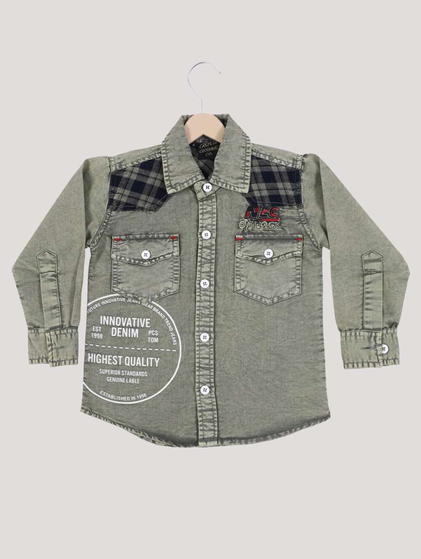 boys grey printed long sleeves denim shirt