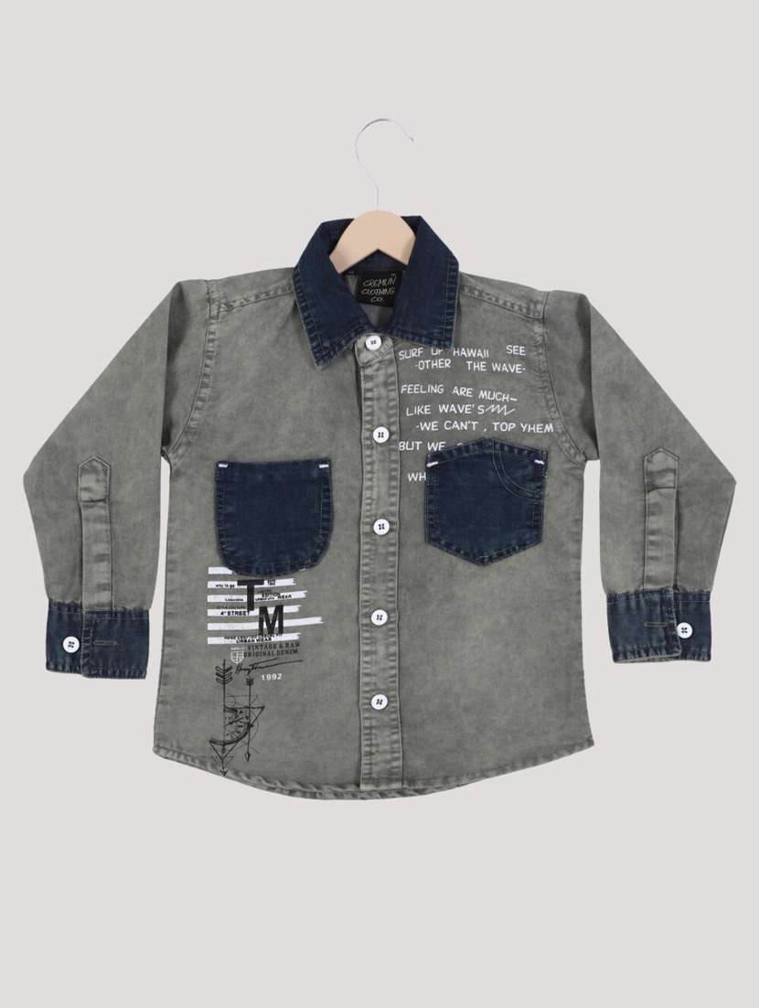 boys grey printed long sleeves denim shirt