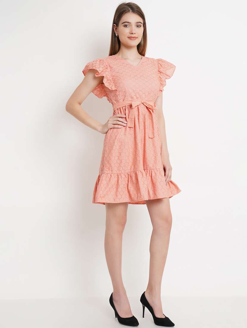 v neck schiffli work drop waist dress - 19891608 -  Standard Image - 1