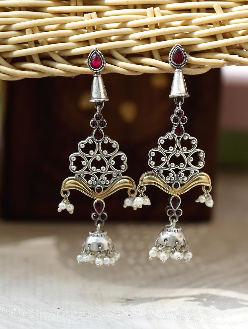 red silver tone brass jhumka - 19895031 -  Zoom Image - 0