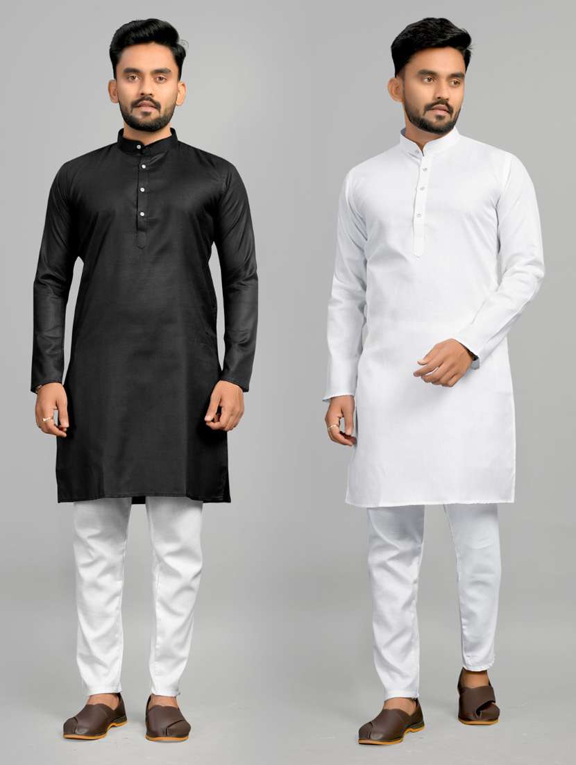men pack of 2 solid mandarin neck long kurta