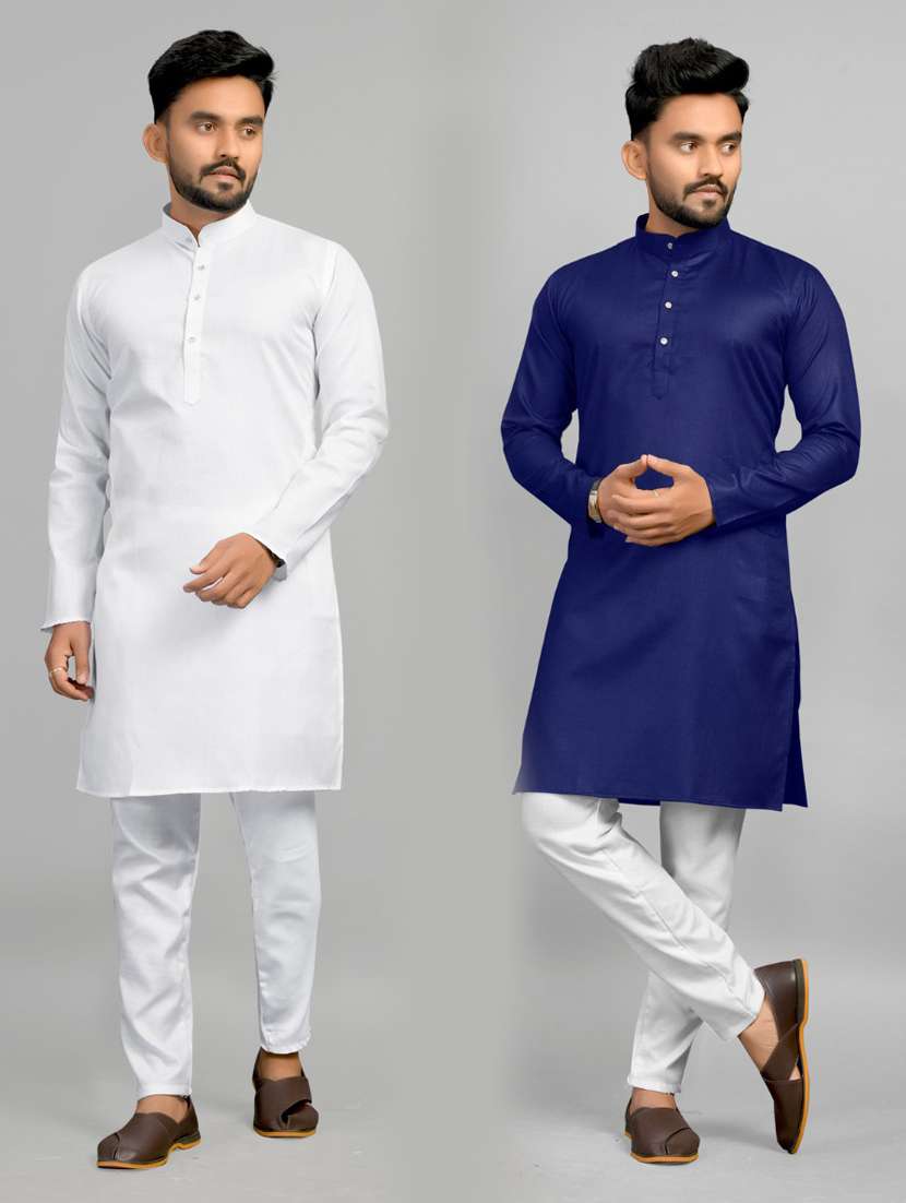 men pack of 2 solid mandarin neck long kurta