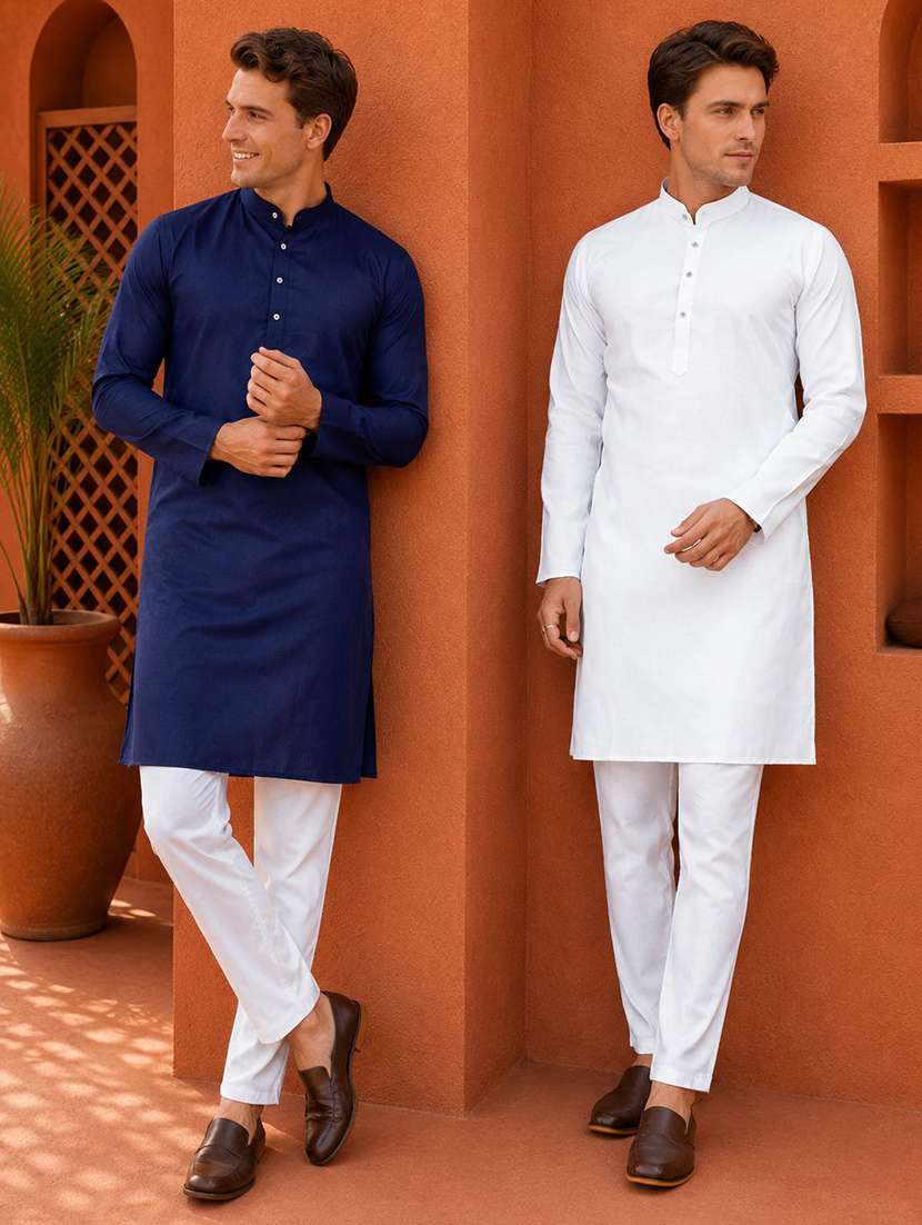 men pack of 2 solid mandarin neck long kurta