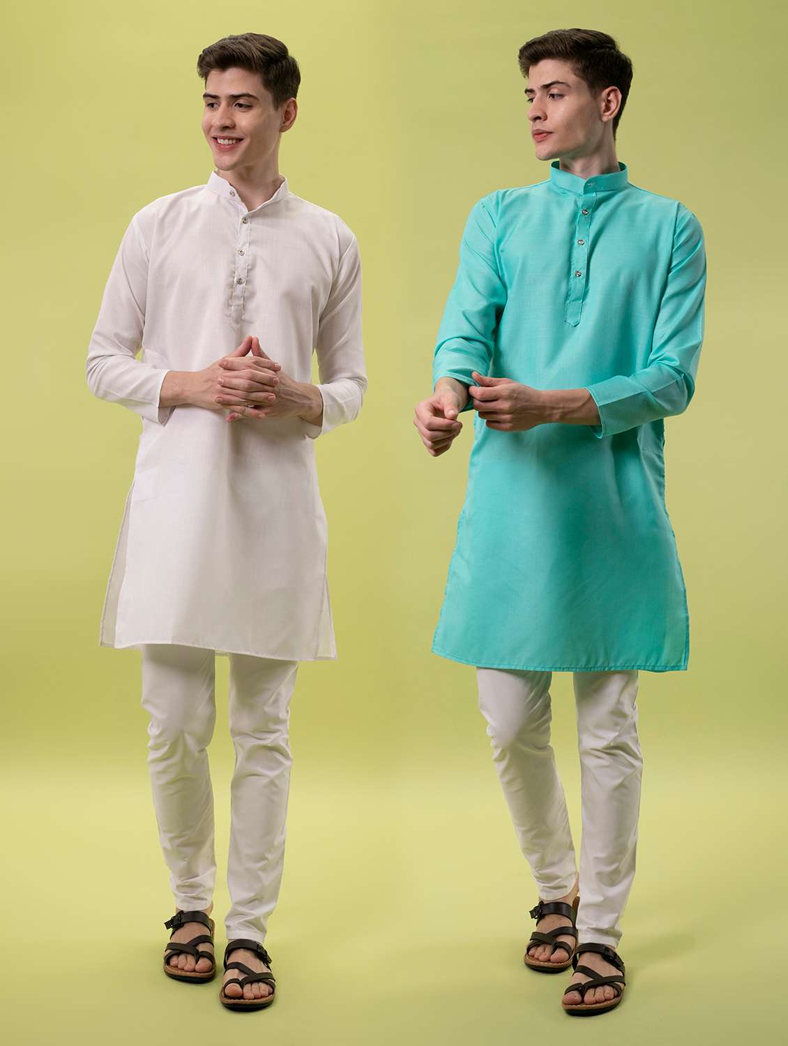 men pack of 2 solid mandarin neck long kurta