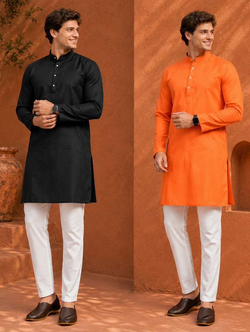 men pack of 2 solid mandarin neck long kurta