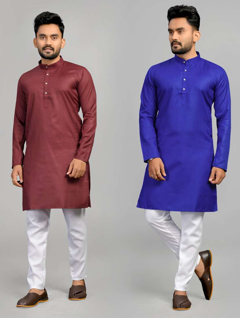 men pack of 2 solid mandarin neck long kurta