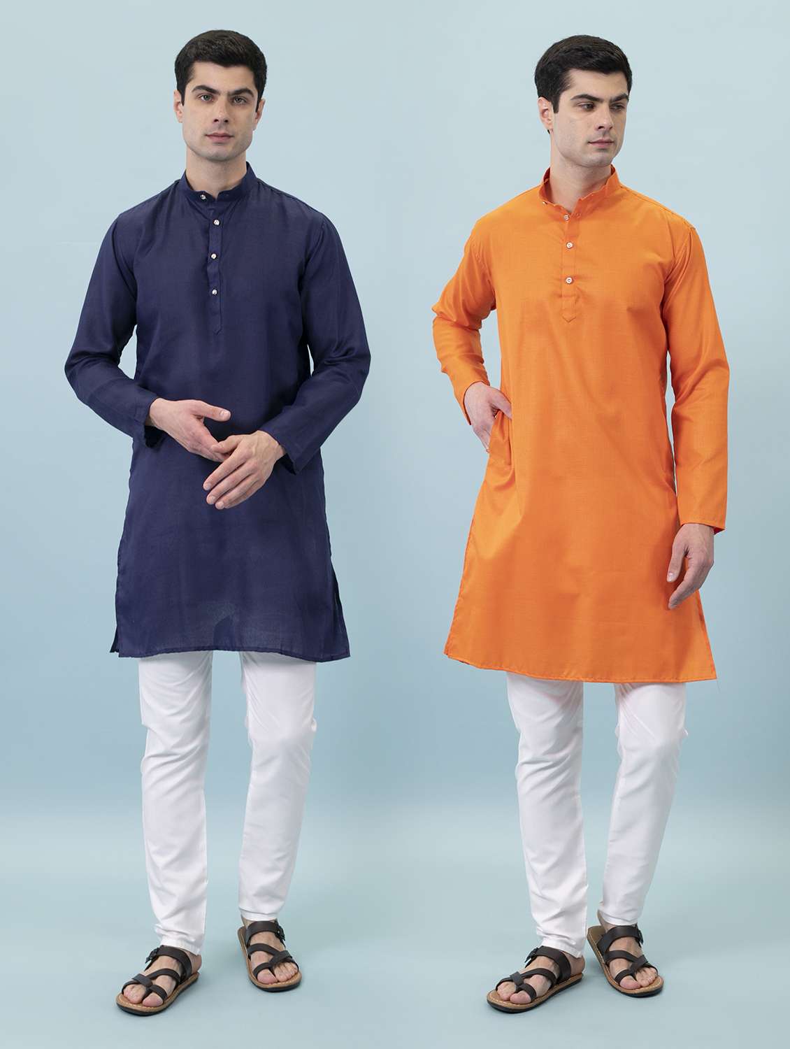 men pack of 2 solid mandarin neck long kurta