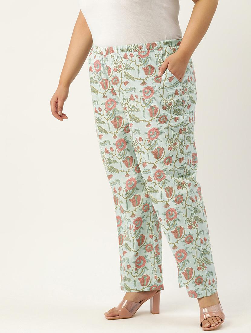 green printed cotton plus trouser - 19896876 - Standard Image - 1