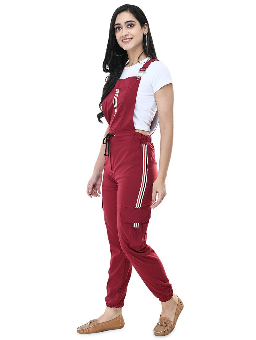 maroon solid square neck dungarees - 19899661 - Standard Image - 1