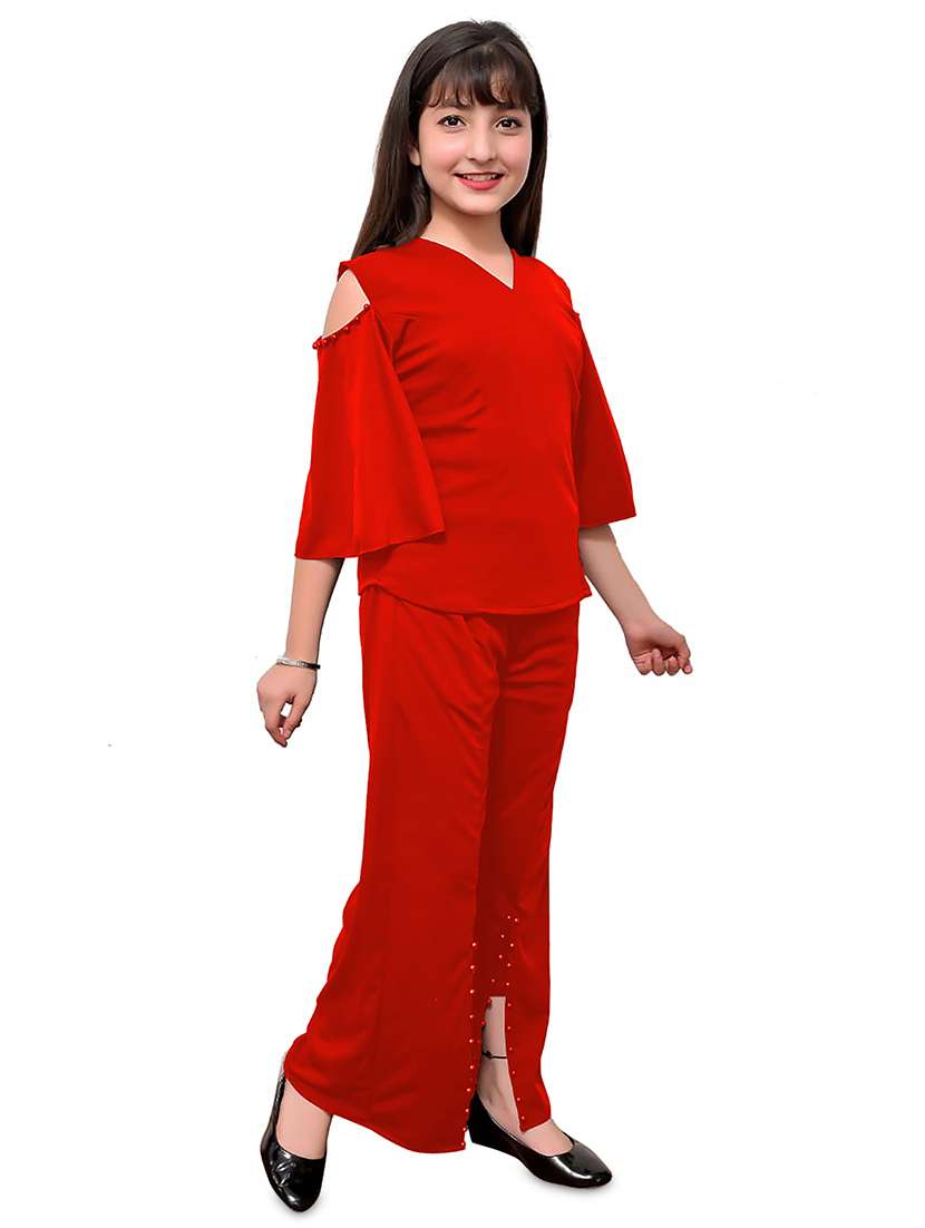 red solid cold shoulder full length jumpsuit - 19899740 -  Standard Image - 1