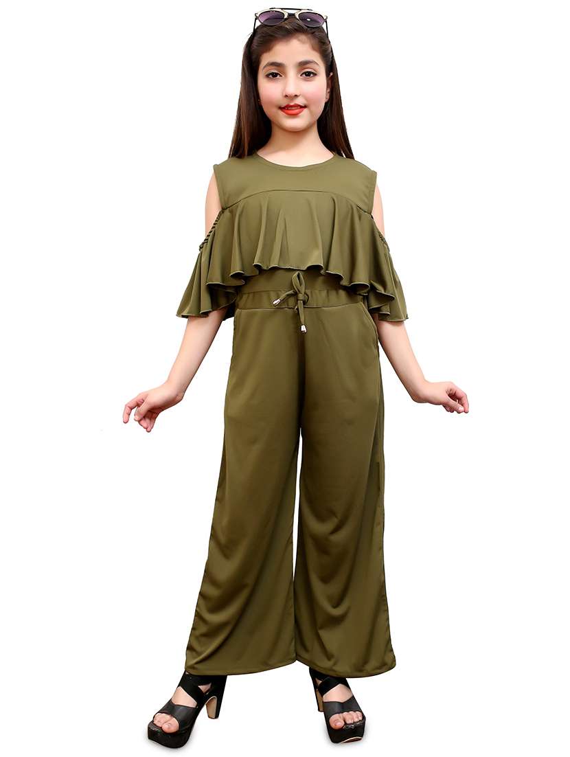 olive solid cold shoulder full length jumpsuit