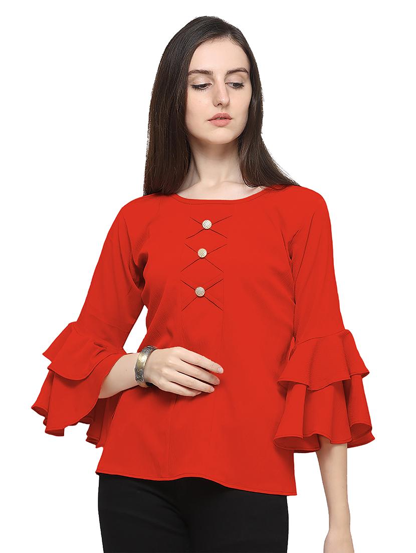 red solid round neck bell sleeves regular top - 19899941 - Zoom Image - 0