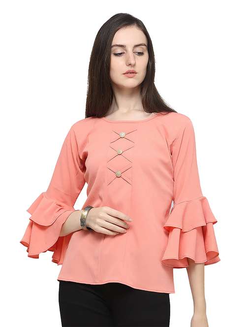 peach solid round neck bell sleeves regular top - 19899943 - Standard Image - 0