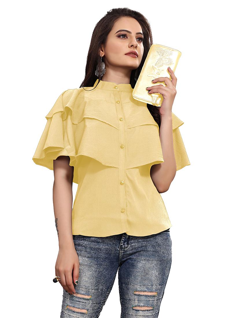 yellow solid mandarin neck cape sleeves regular top - 19900003 - Zoom Image - 0