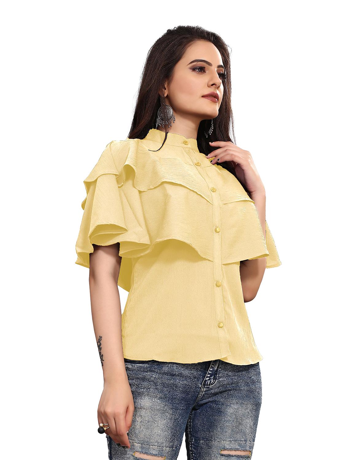 yellow solid mandarin neck cape sleeves regular top - 19900003 -  Standard Image - 1