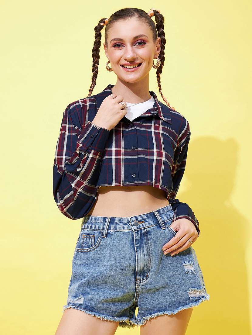 shirt collar check print crop shirt 