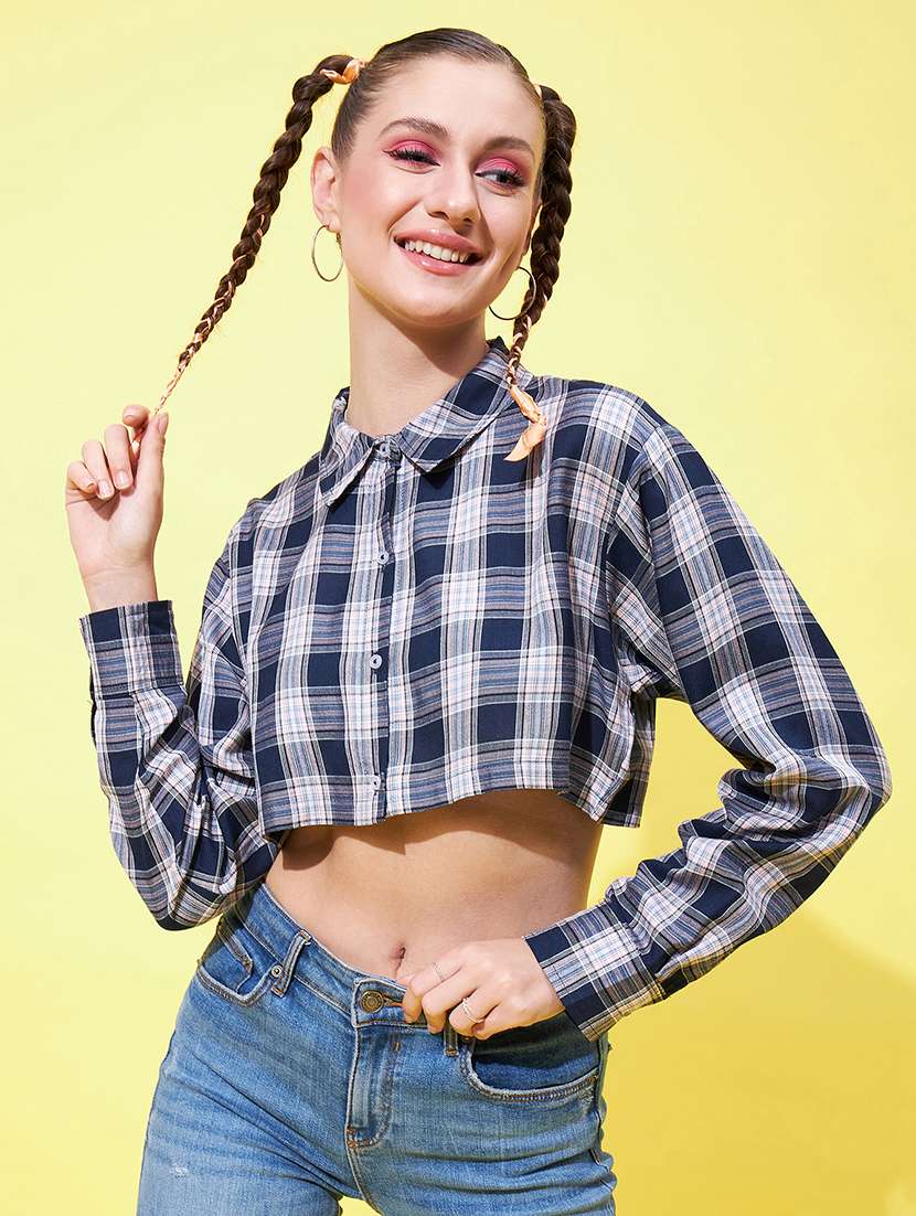 shirt collar check print crop shirt 