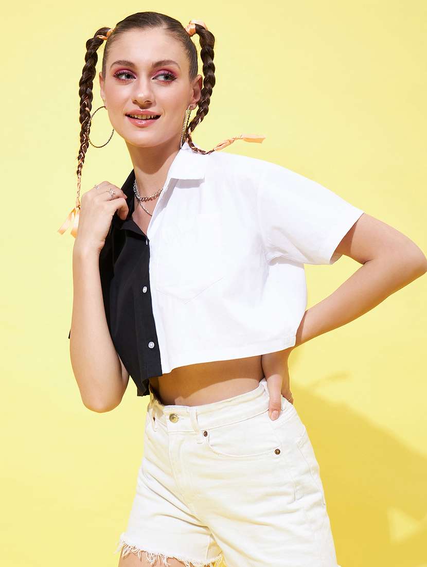 shirt collar color block crop shirt