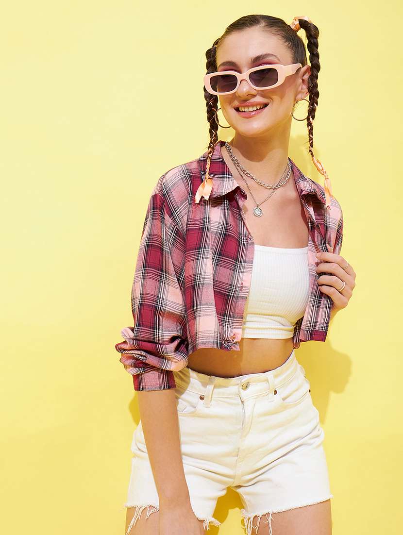 shirt collar check print crop shirt 