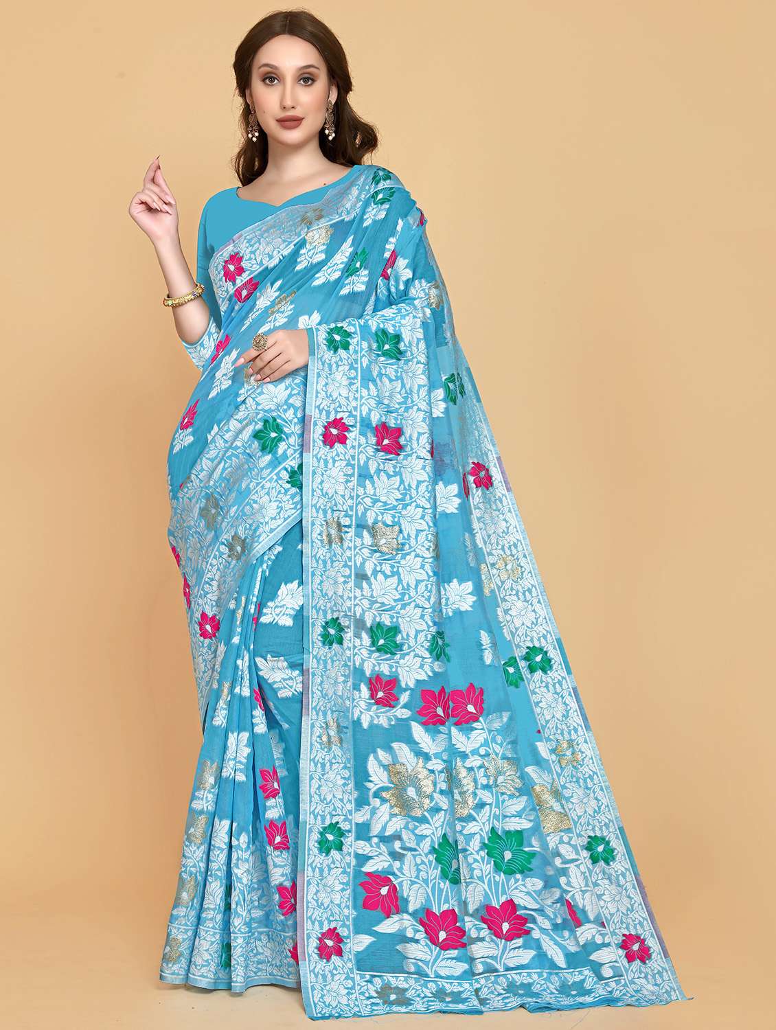 light blue printed jamdani saree
