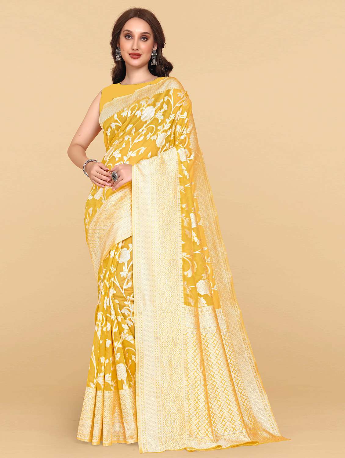 yellow printed dharmavaram saree