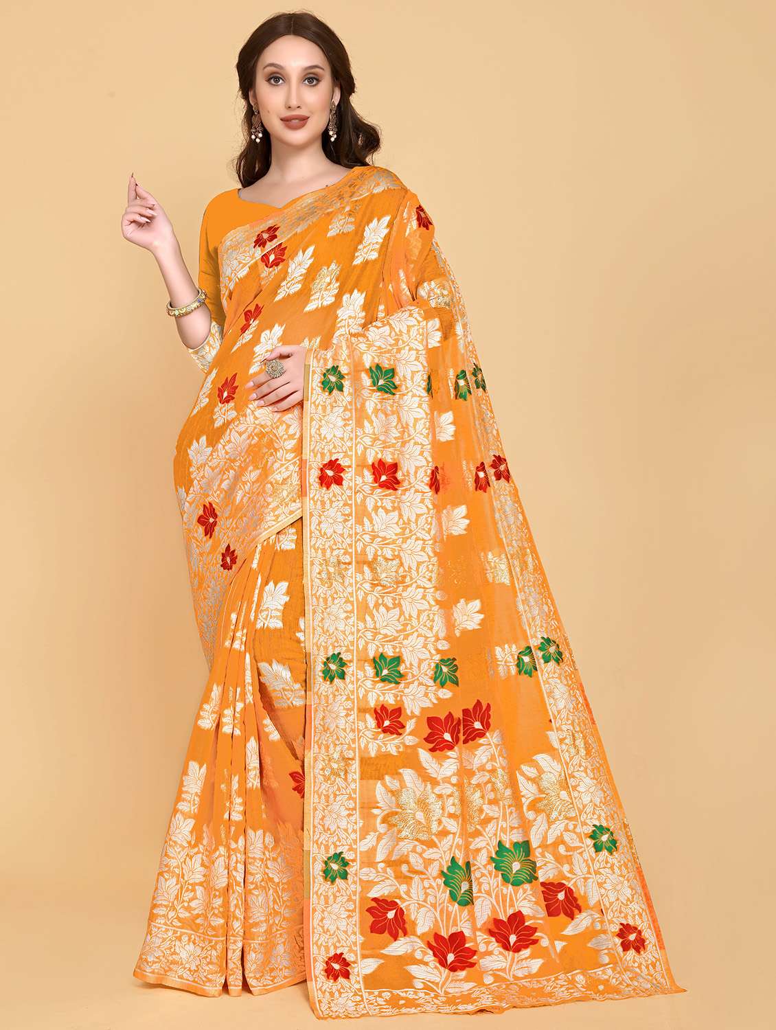 orange printed jamdani saree