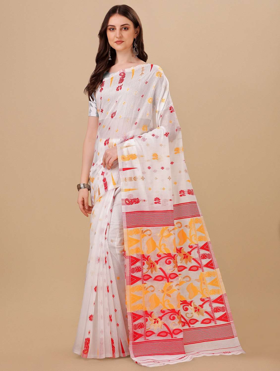 white printed jamdani saree