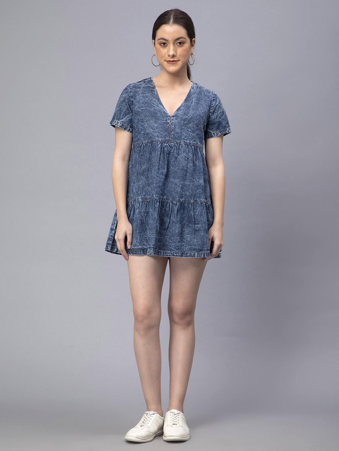 women blue fit & flare solid dress - 19905842 -  Zoom Image - 0