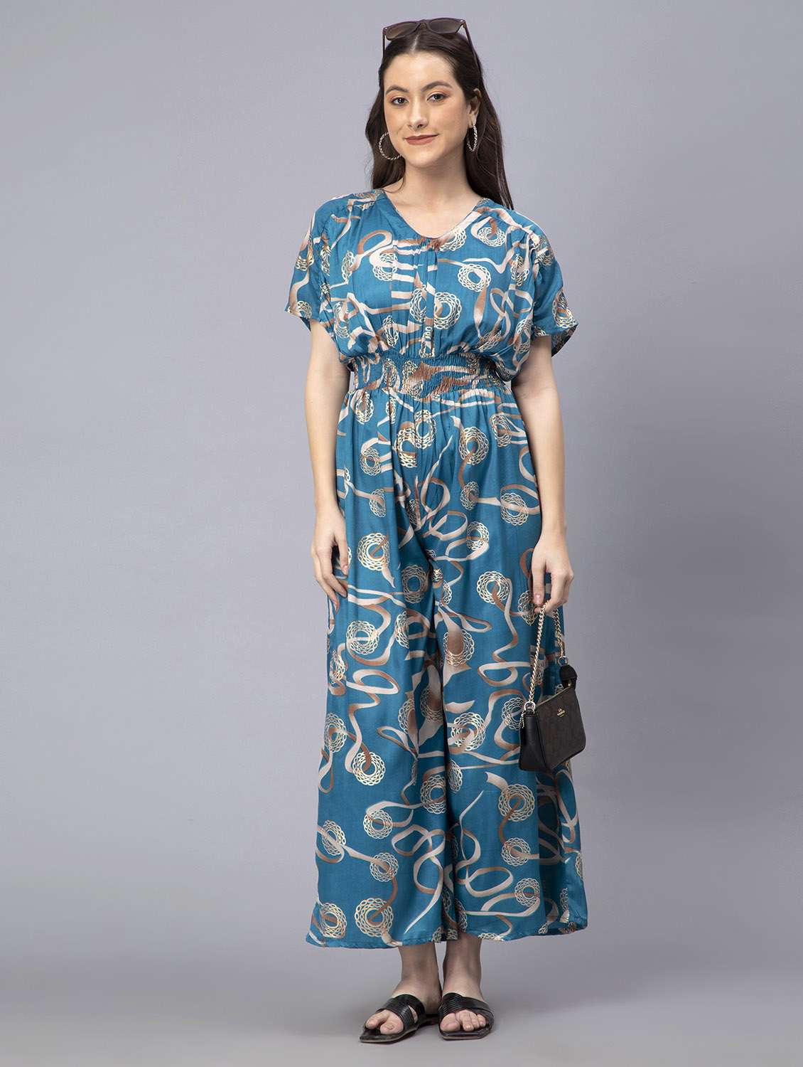 blue printed v-neck full leg jumpsuit
