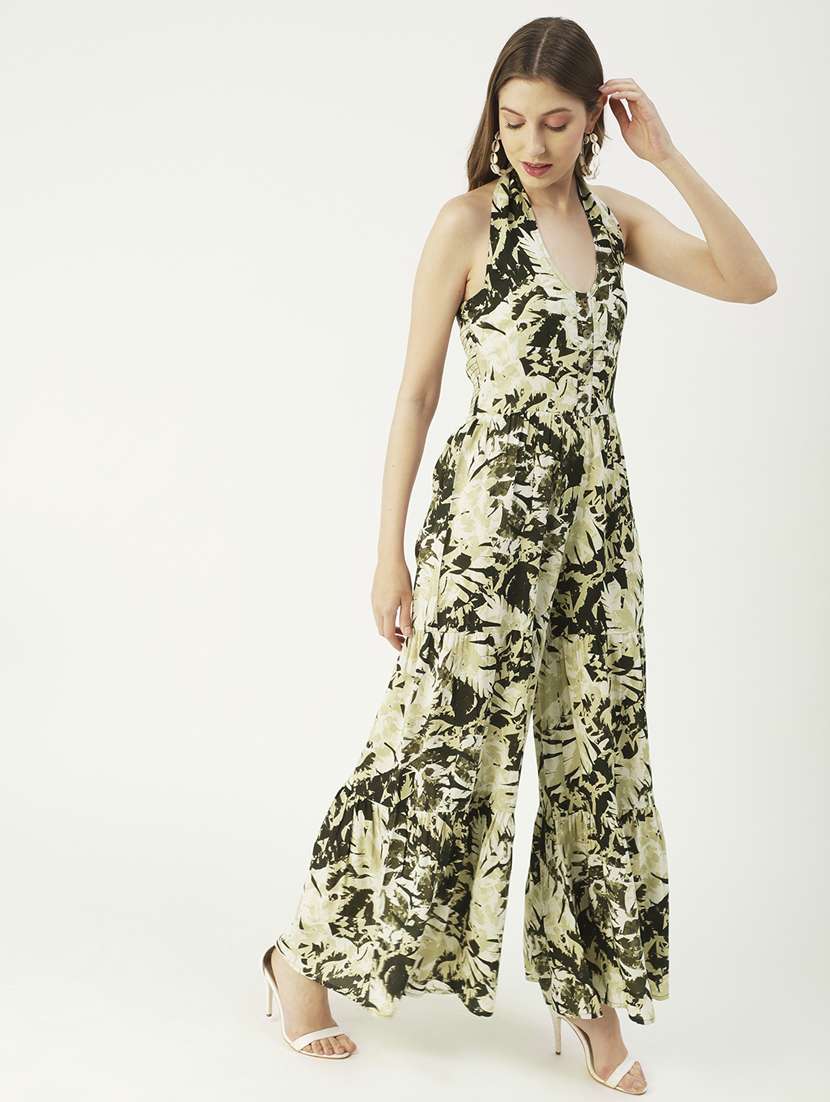 green viscose full leg  jumpsuit