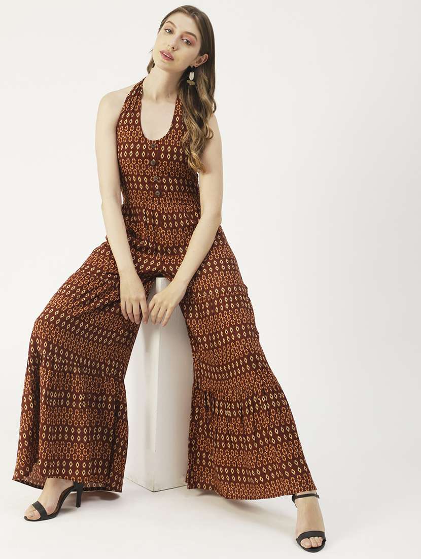brown viscose full leg  jumpsuit