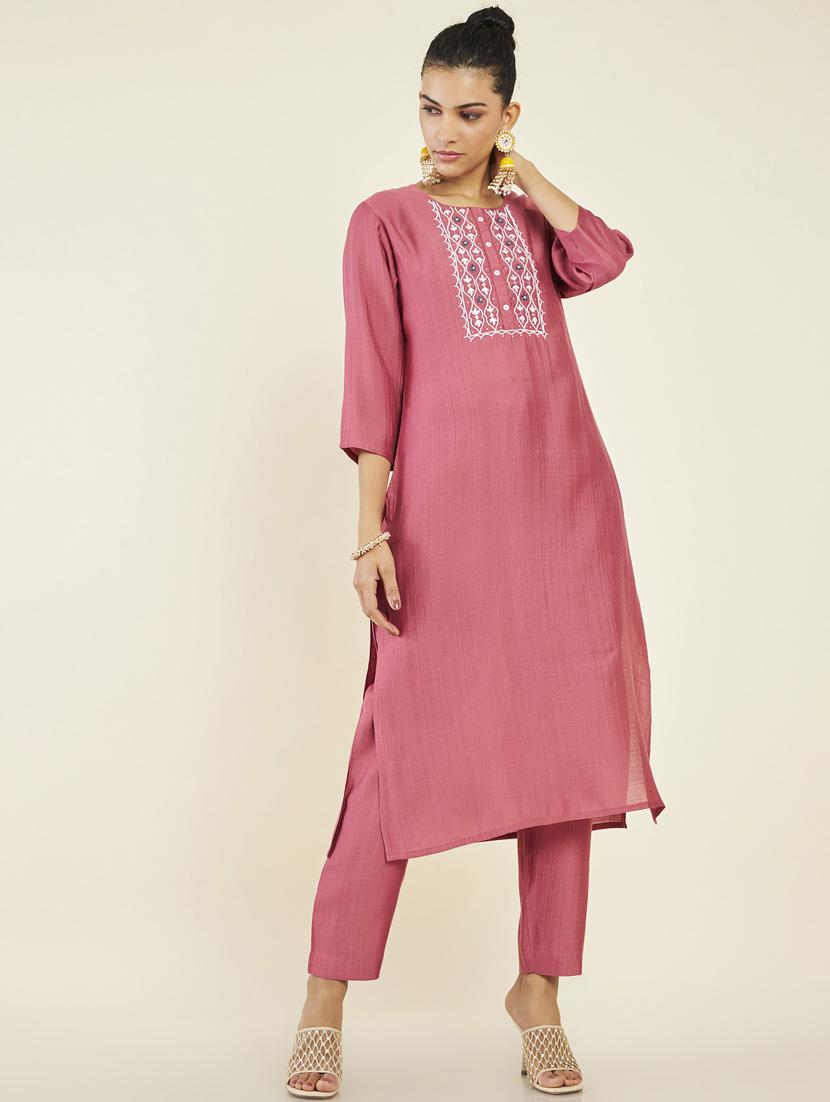 women pink round neck kurta pant set - 19907495 - Standard Image - 1