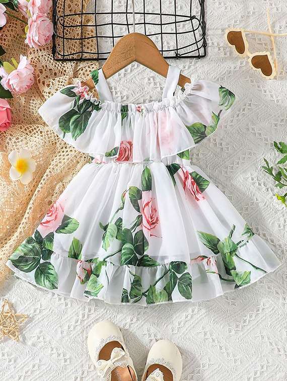 Girls White Floral Printed Cold Shoulder Frock