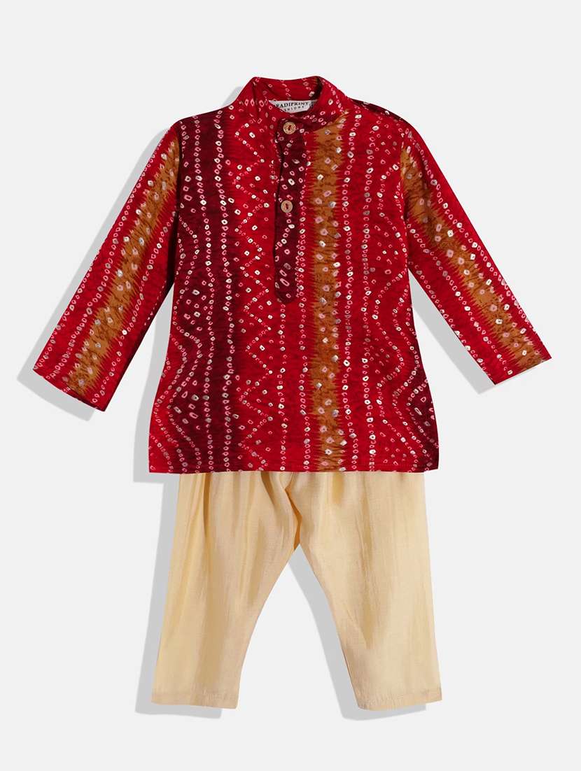 red bandhani print kurta sets 